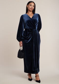 Velvet Puff Sleeve Pleated Dress