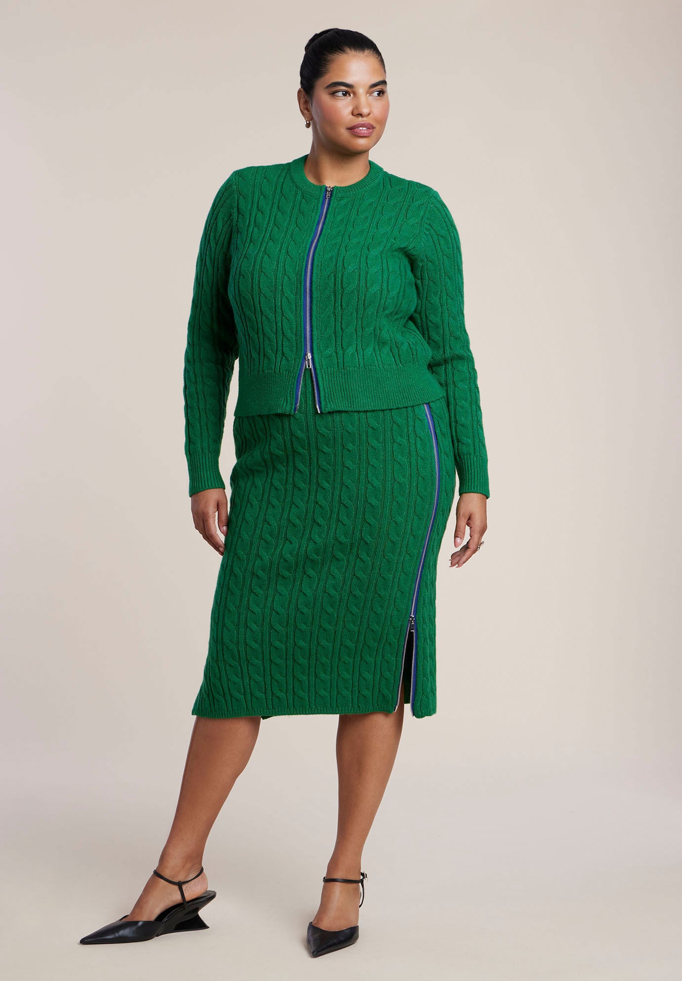 Cable Knit Zipper-Detail Midi Skirt