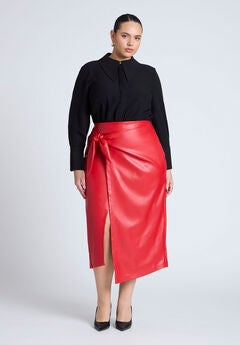 Wrap Front Faux Leather Midi Skirt