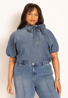 Puff Sleeve Chambray Tie Neck Top