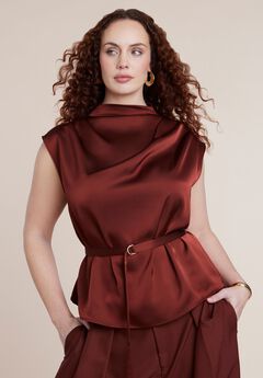 Satin Cowl Neck Belted Top