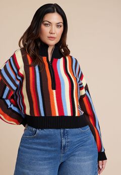 Striped Zipper Front Pullover