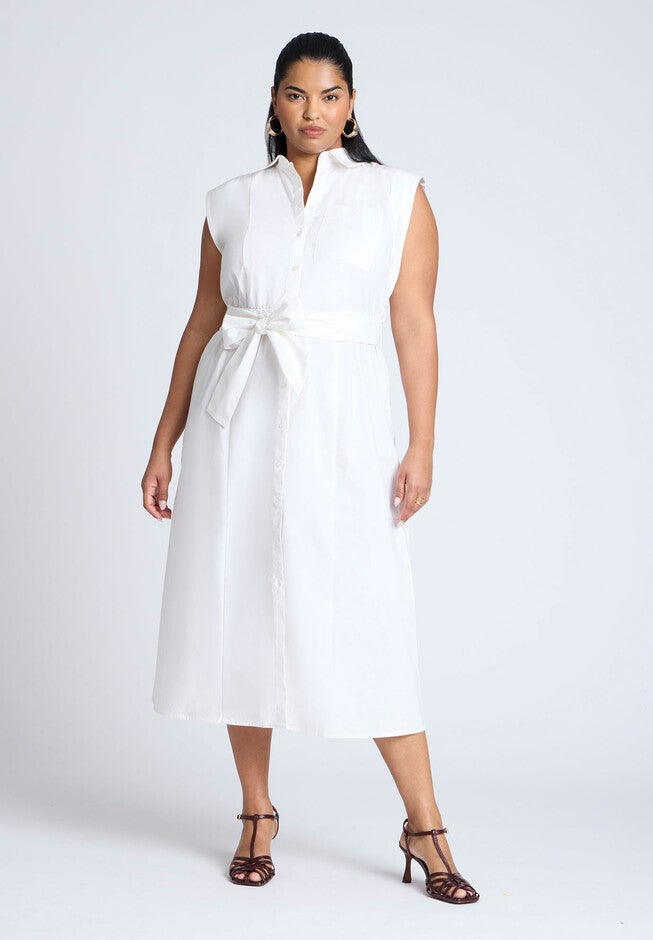 Midi Sleeveless Shirt Dress, BRIGHT WHITE, hi-res image number null