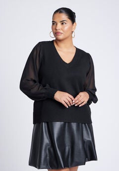 Sheer Sleeve V-Neck Sweater