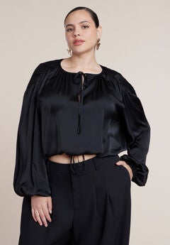 Satin Drawstring Peasant Blouse