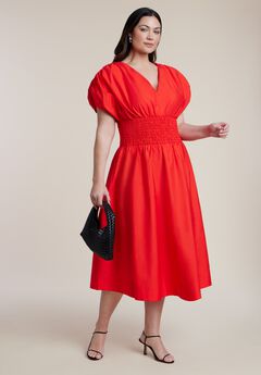 V Neck Flared Poplin Midi Dress