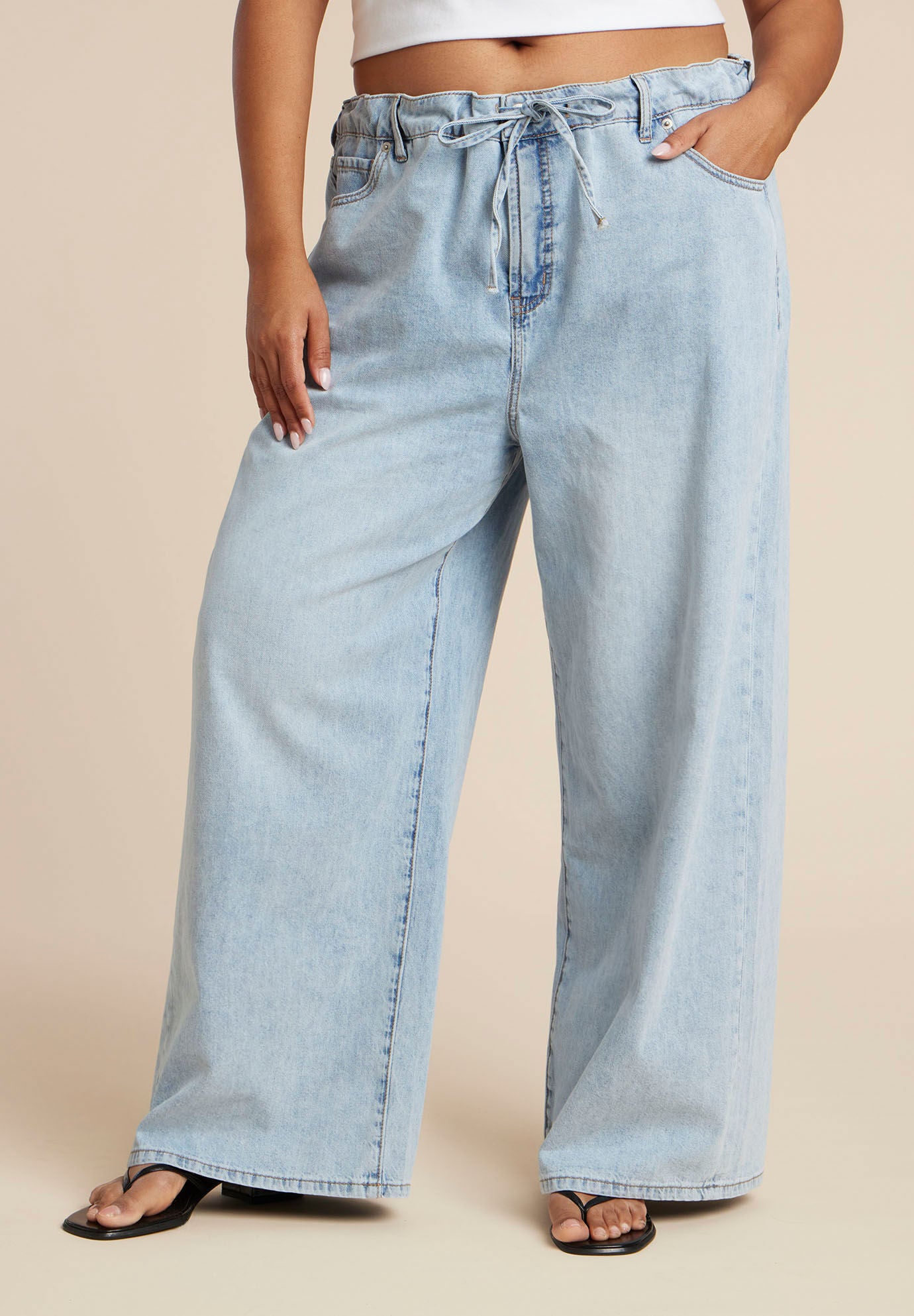 Drawstring Waist Lightweight Jean, LIGHT WASH, on-hover image number 1