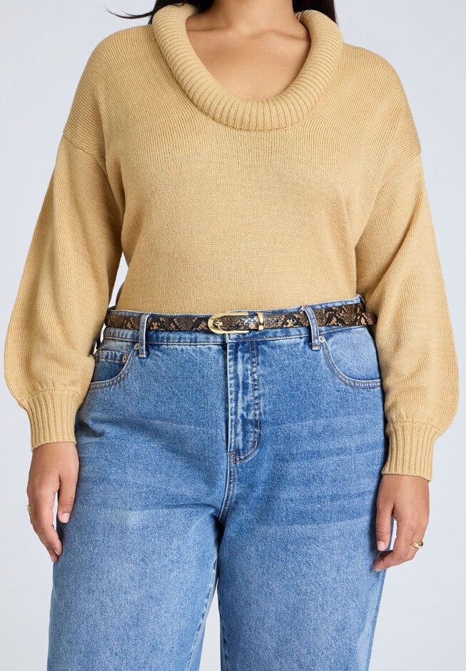 Skinny Snake Print Belt, BROWN, on-hover image number 1