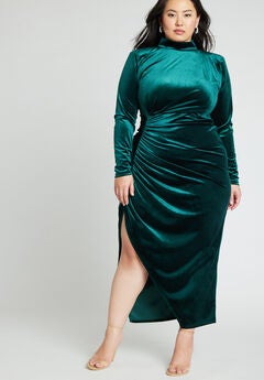 Mock Neck Velvet Dress With Slit