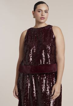 Faux Fur-Trim Sequin Top