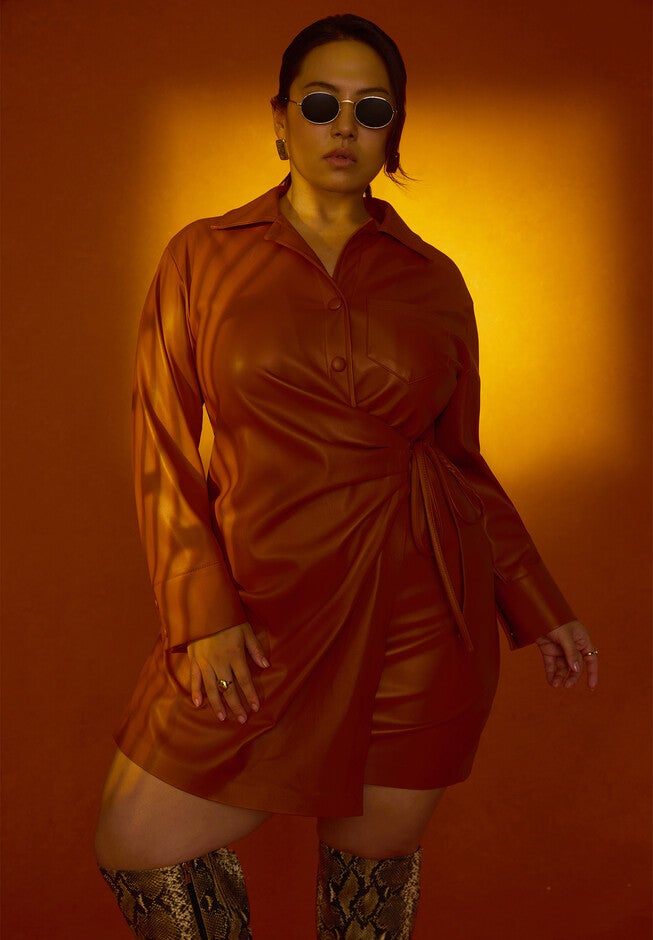 Faux Leather Wrap Detail Shirt Dress, UMBER, alternate image number null