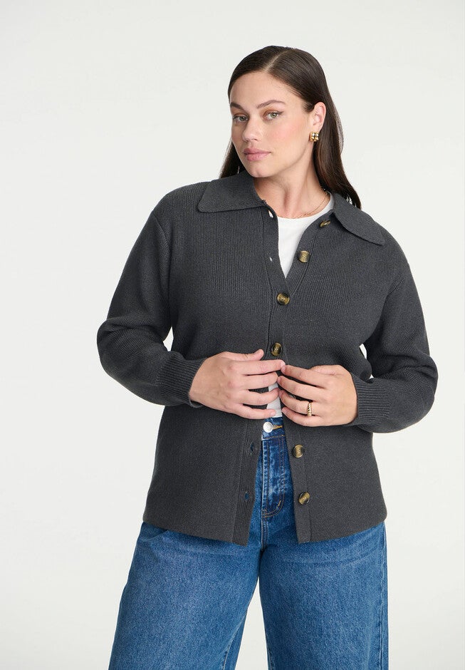 Collared Cardigan Sweater, DARK GREY HEATHER, hi-res image number null