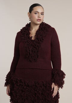 Fringe Knit-Trim V-Neck Sweater
