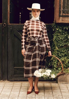 Draped Plaid Midi Skirt