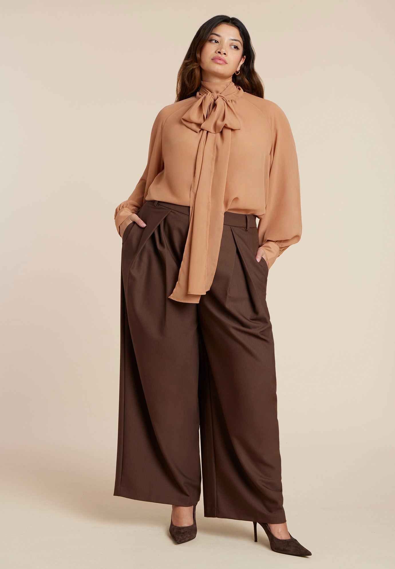 Sheer Neck Tie Blouse, APPLE CINNAMON, on-hover image number 1