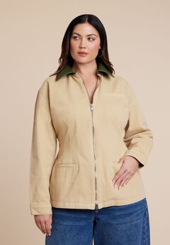 Nipped Waist Barn Jacket With Faux Leather Collar