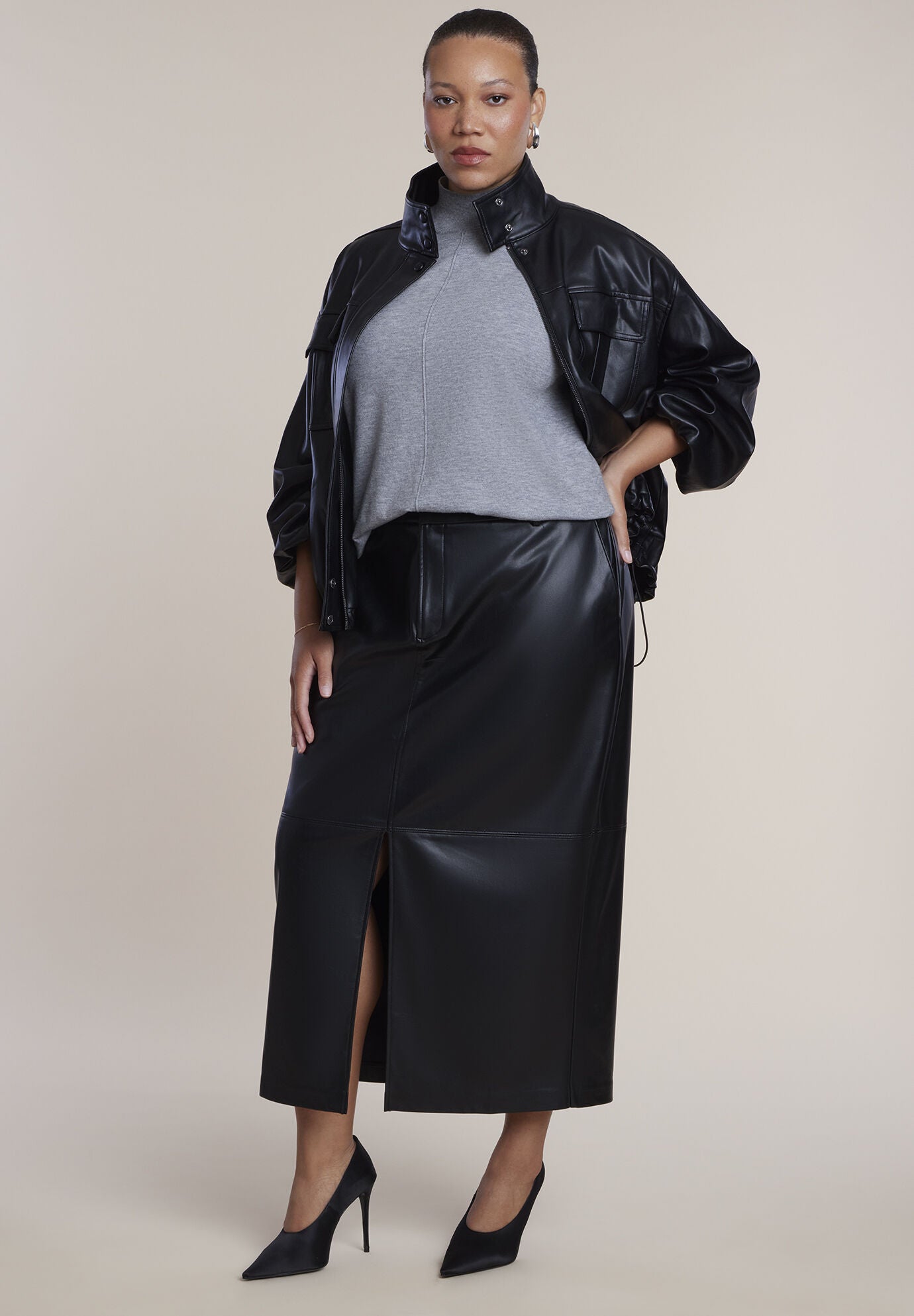 Faux Leather Column Midi Skirt