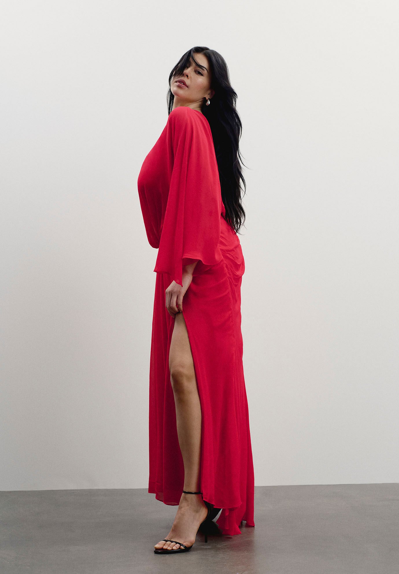 Sheer Draped Gown, FLAME SCARLET, on-hover image number 1