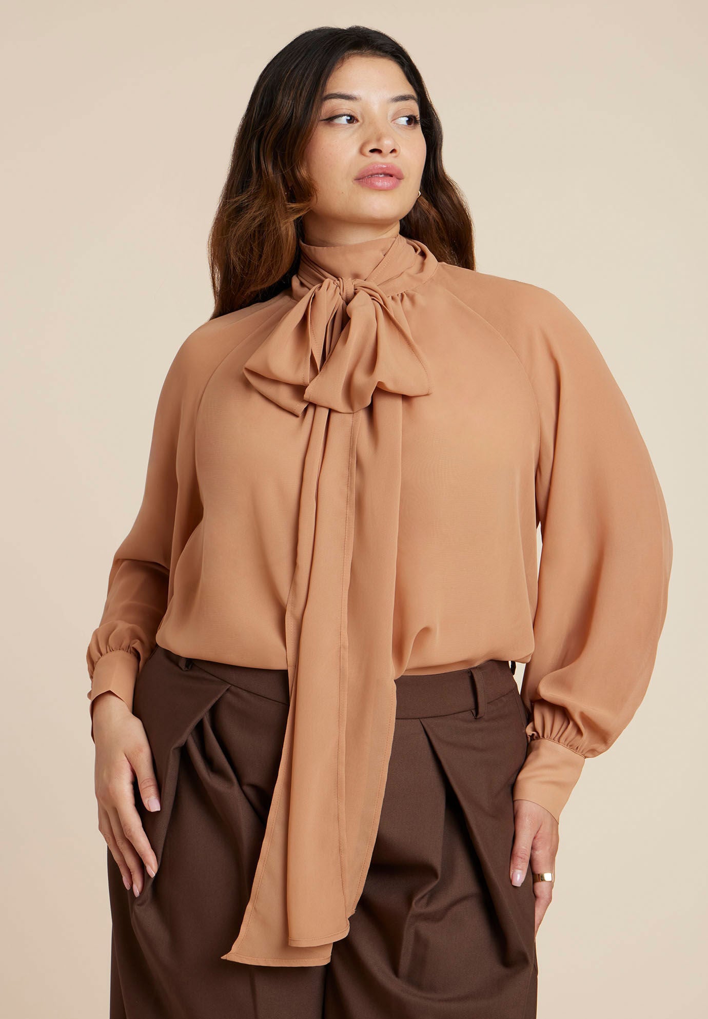 Sheer Neck Tie Blouse, APPLE CINNAMON, hi-res image number 0