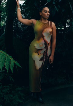 Printed Mesh Dress With Shirring