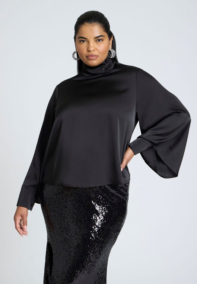 Cuffed Kimono Sleeve Mockneck Blouse, BLACK ONYX, hi-res image number null