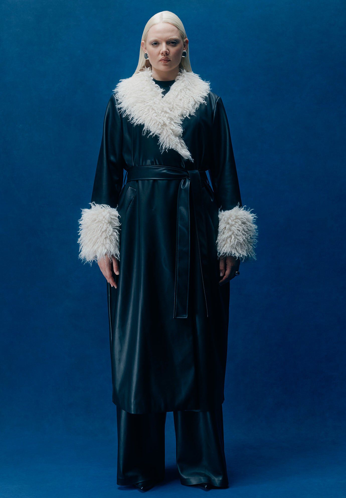 Faux Leather Coat With Fur Trim