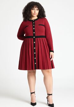 Sweater Pleated Skirt Dress With Gold Buttons