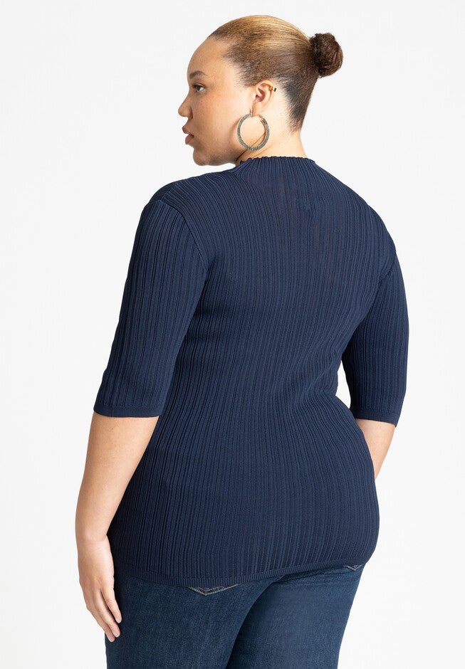 Sleek Funnel Neck Elbow Sleeve Sweater, NAVAL BLUE, on-hover image number null