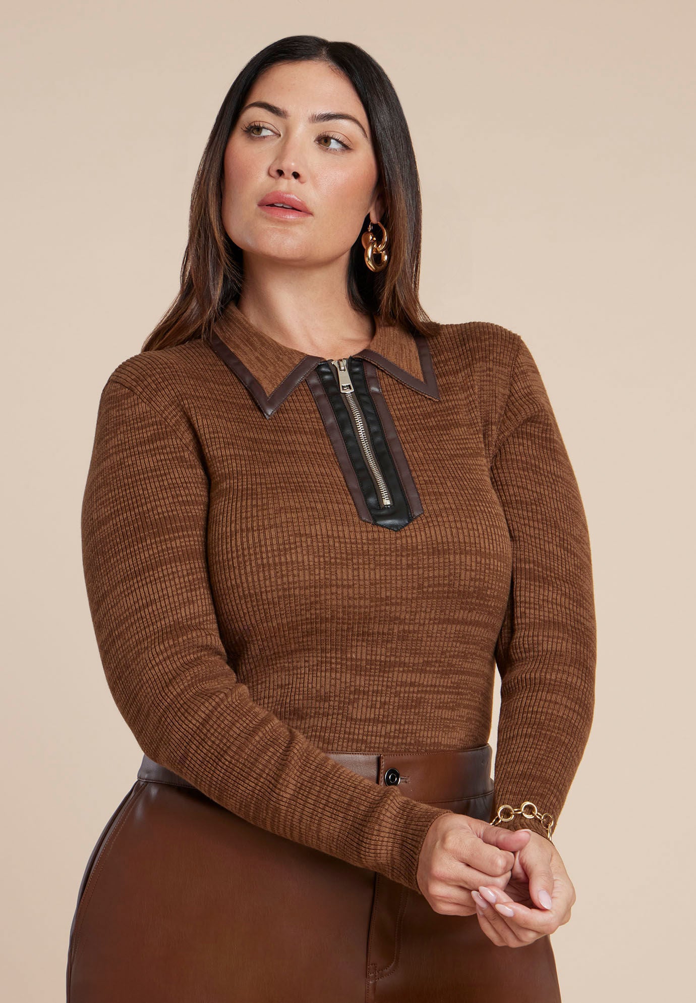 Polo Sweater With Leather Trim, BROWN, on-hover image number 1