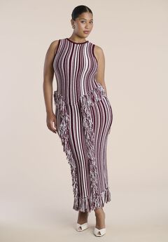 Peplum Fringe-Detail Sweater Maxi Dress