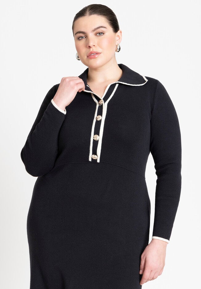 Ribbed Sweater Dress With Collar, BLACK ONYX, alternate image number null