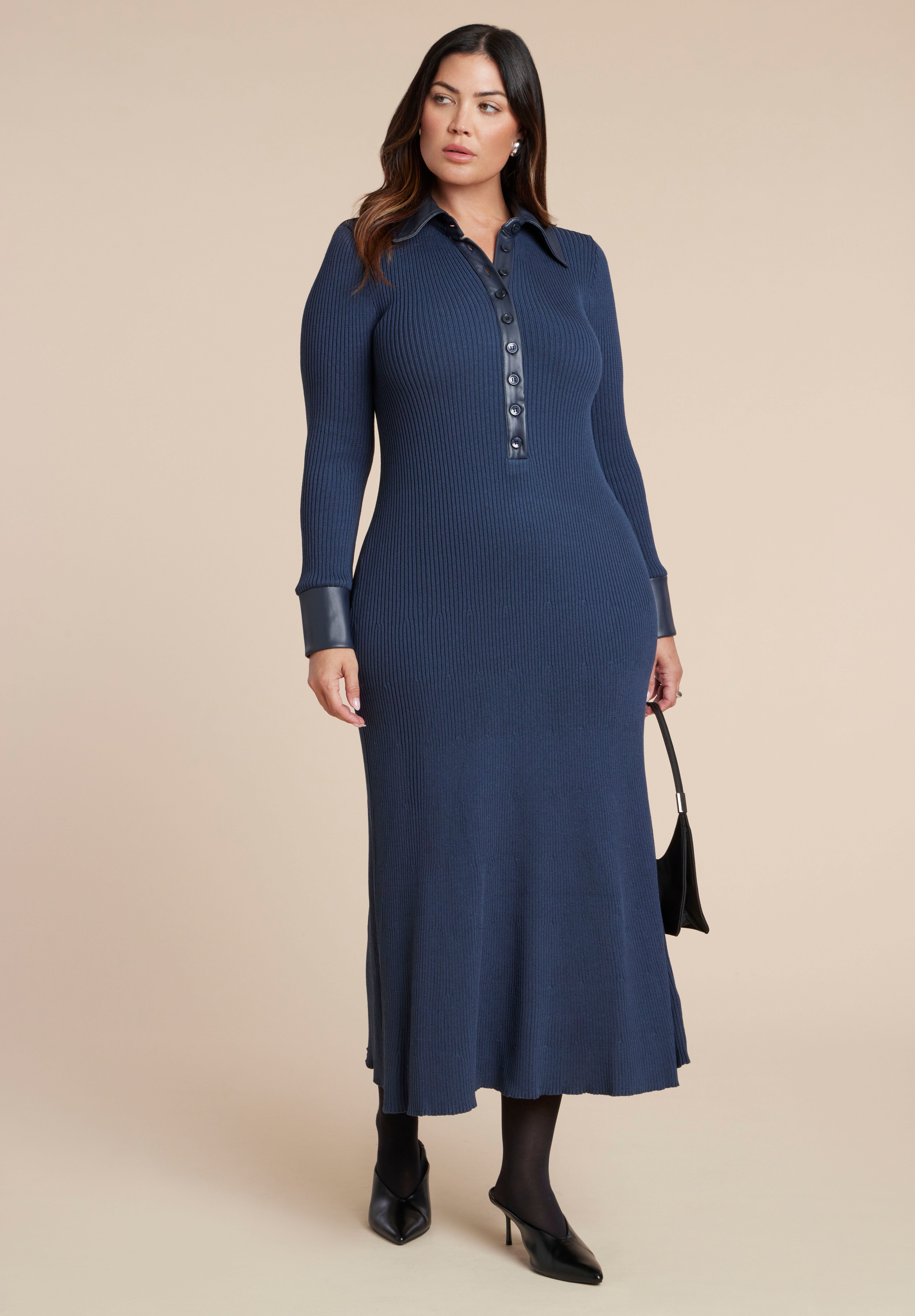  Faux Leather Detail Sweater Dress, NAVY, hi-res image number 0