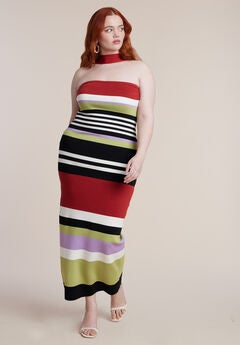 Neckline Detail Striped Sweater Dress