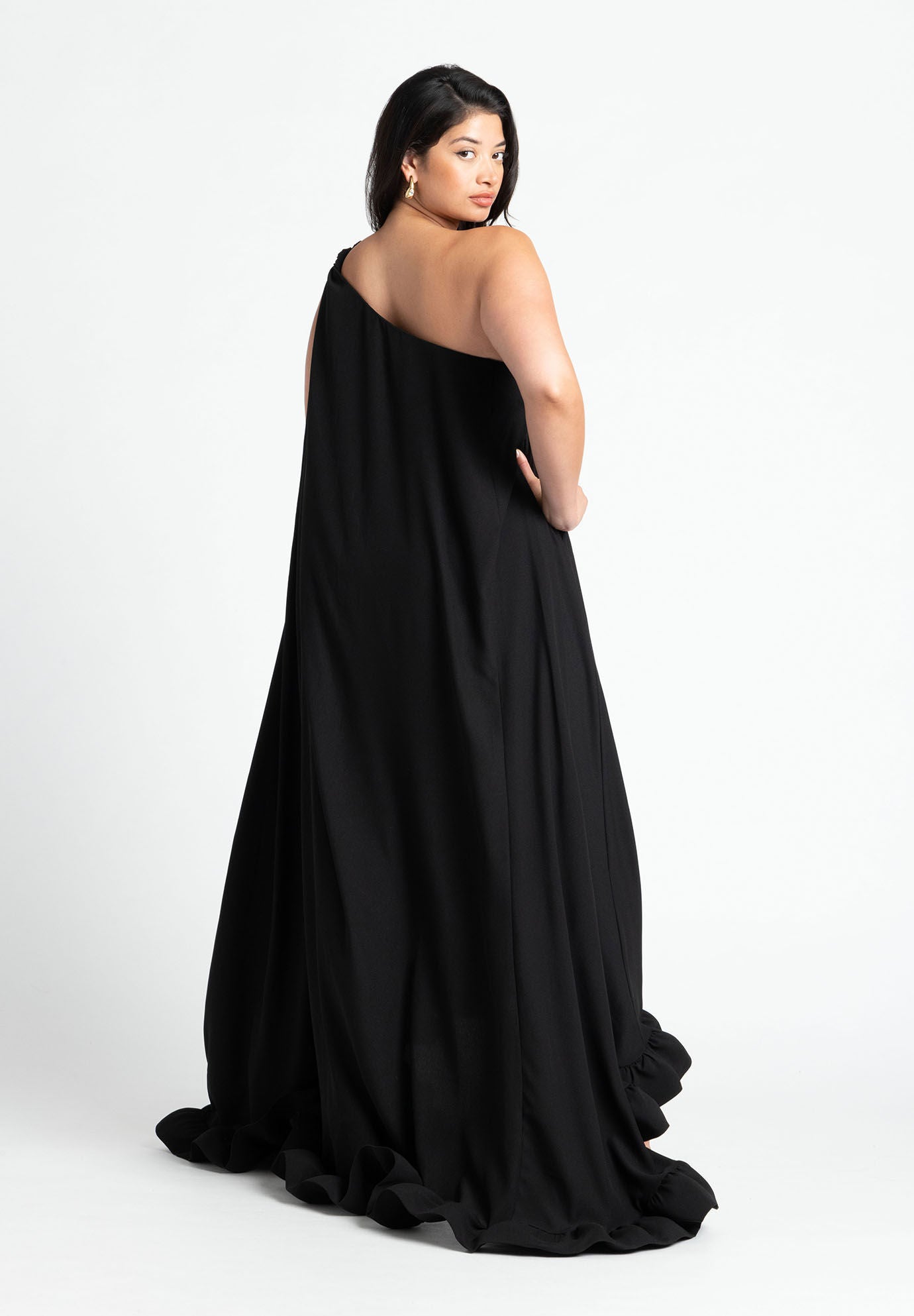 Dramatic One-Shoulder Ruffle Gown, BLACK ONYX, alternate image number 3