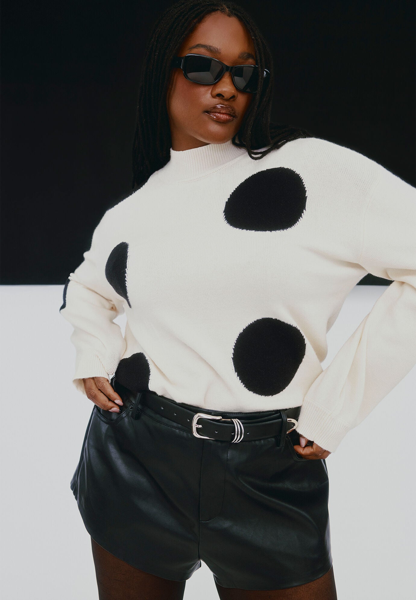 Polka Dot Sweater, WHITE WITH BLACK DOT PRINT, hi-res image number 0