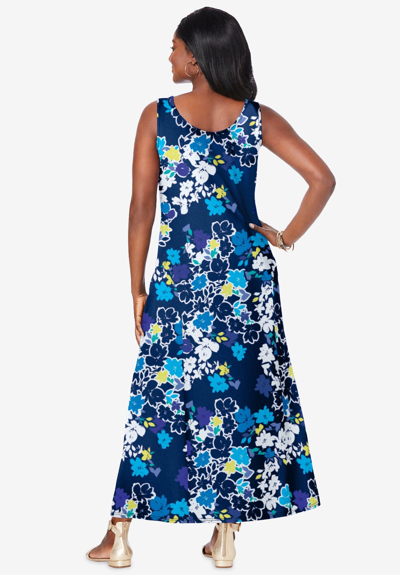 Stretch Cotton Tank Maxi Dress, BLUE FLOWER, on-hover image number 1
