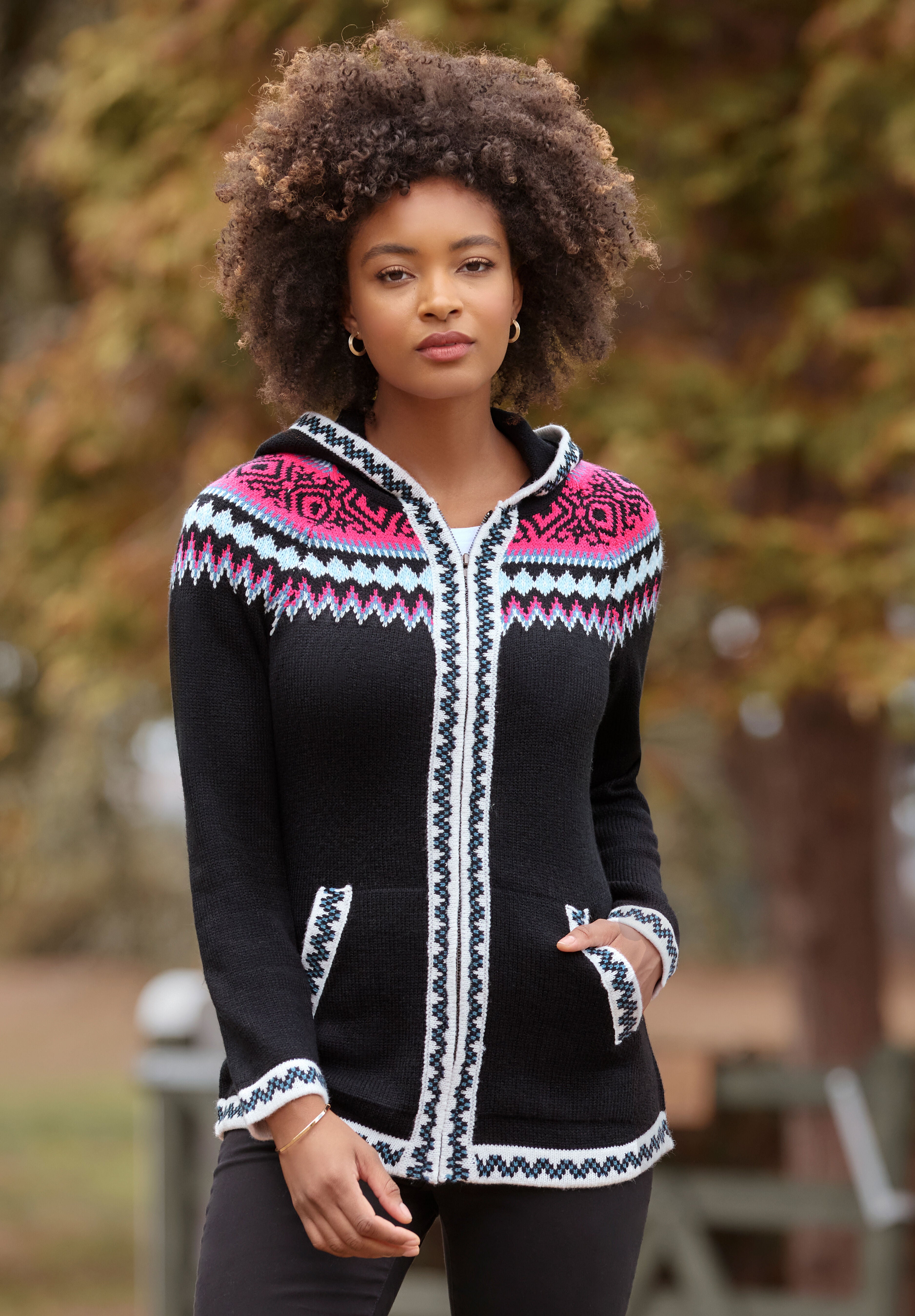 Fair Isle Drawstring V-Neck Zip Hoodie, BLACK FAIRISLE, alternate image number 6