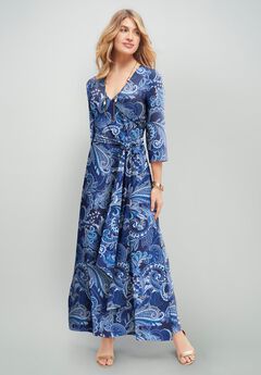 Stretch Knit Faux Wrap Maxi Dress