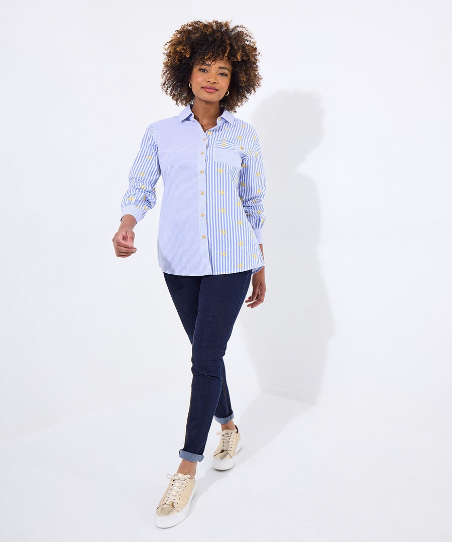 Embroidered Cotton Shirt, STRIPED FLORAL EMBROIDERY, on-hover image number 1