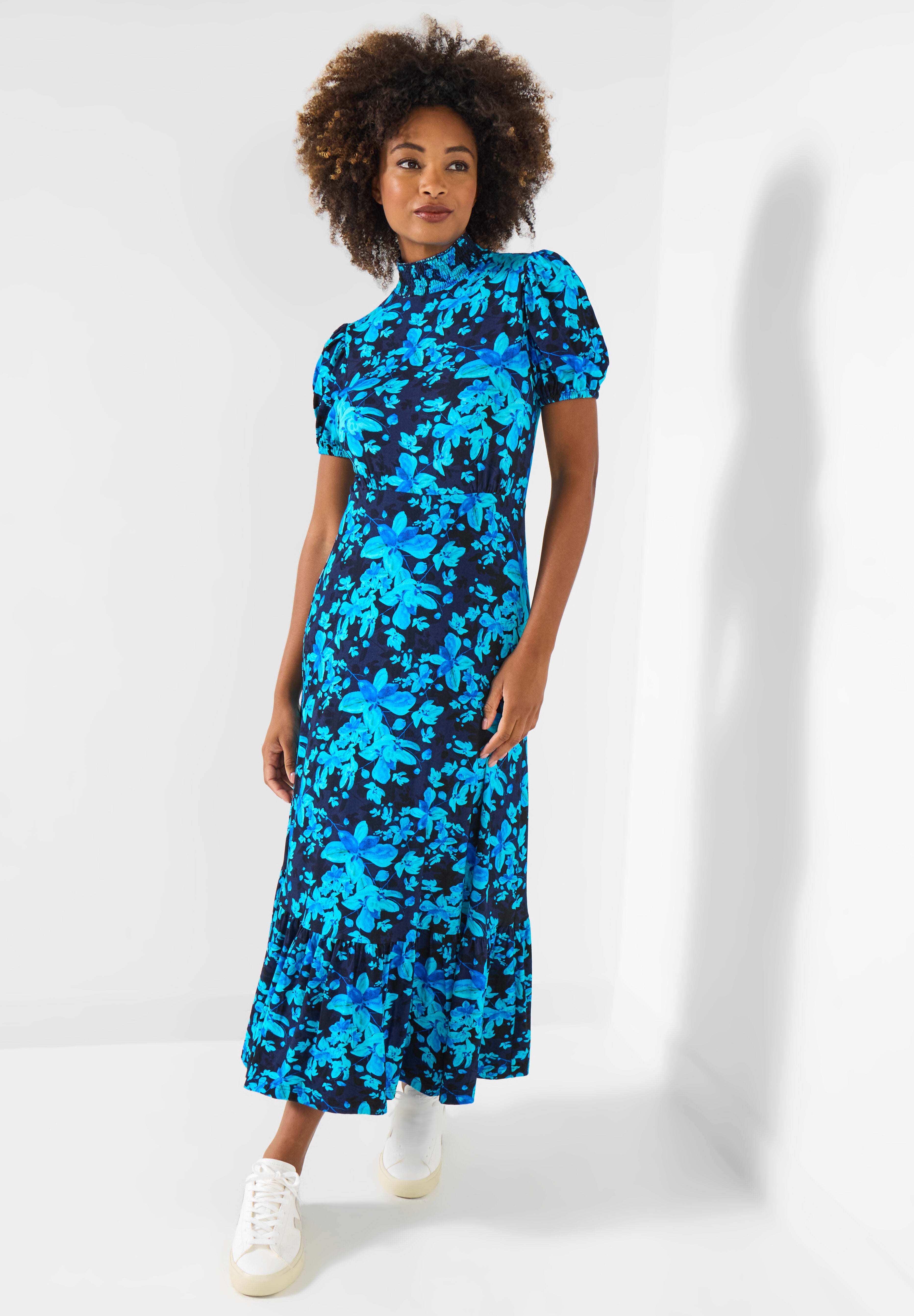 Stretch Knit Mockneck Midi Dress, SAPPHIRE ABSTRACT FLORAL, alternate image number 5