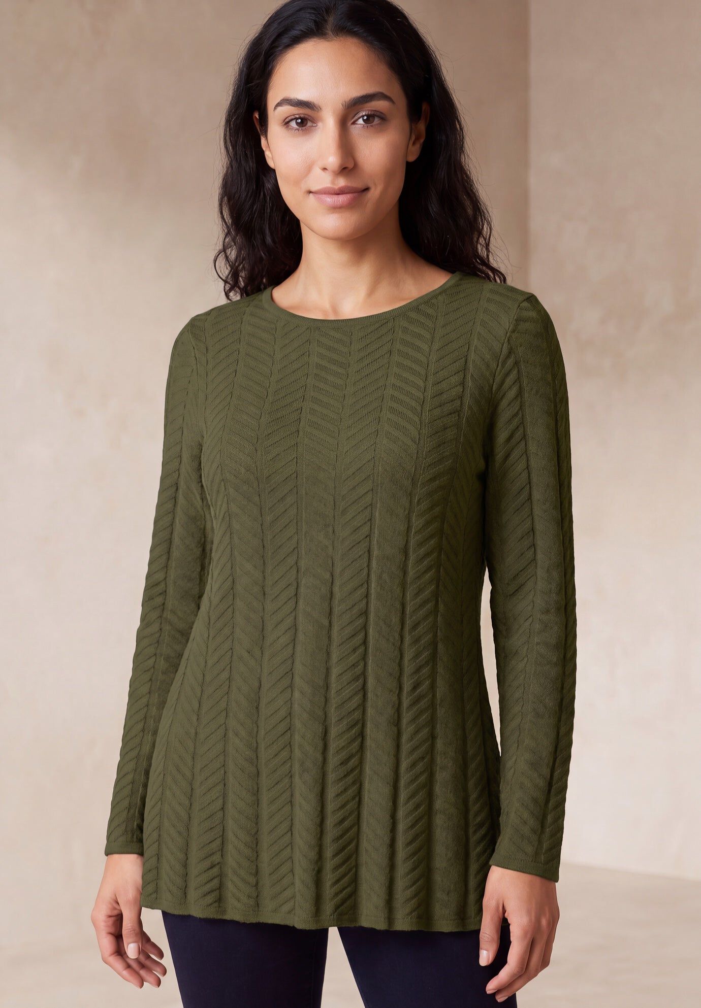 Chevron Fit & Flare Sweater, DARK OLIVE GREEN, hi-res image number 0