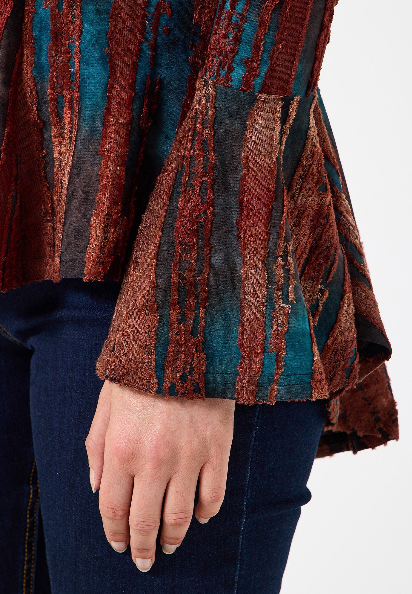 Zip Neck Bell Sleeve Top, RUST BURNOUT STRIPE, alternate image number 3