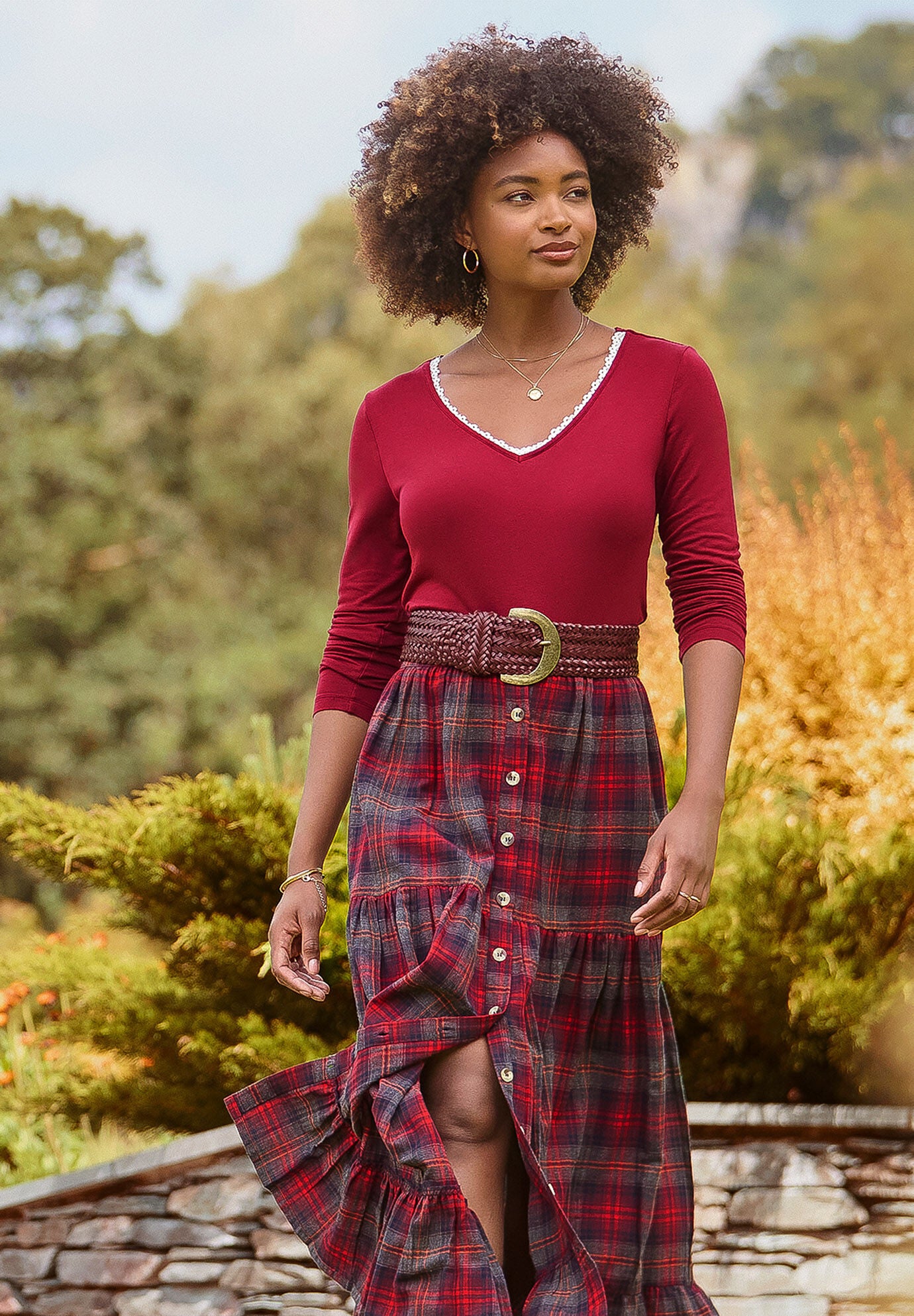 Stretch Knit V-Neck Tee, OXBLOOD, hi-res image number 0
