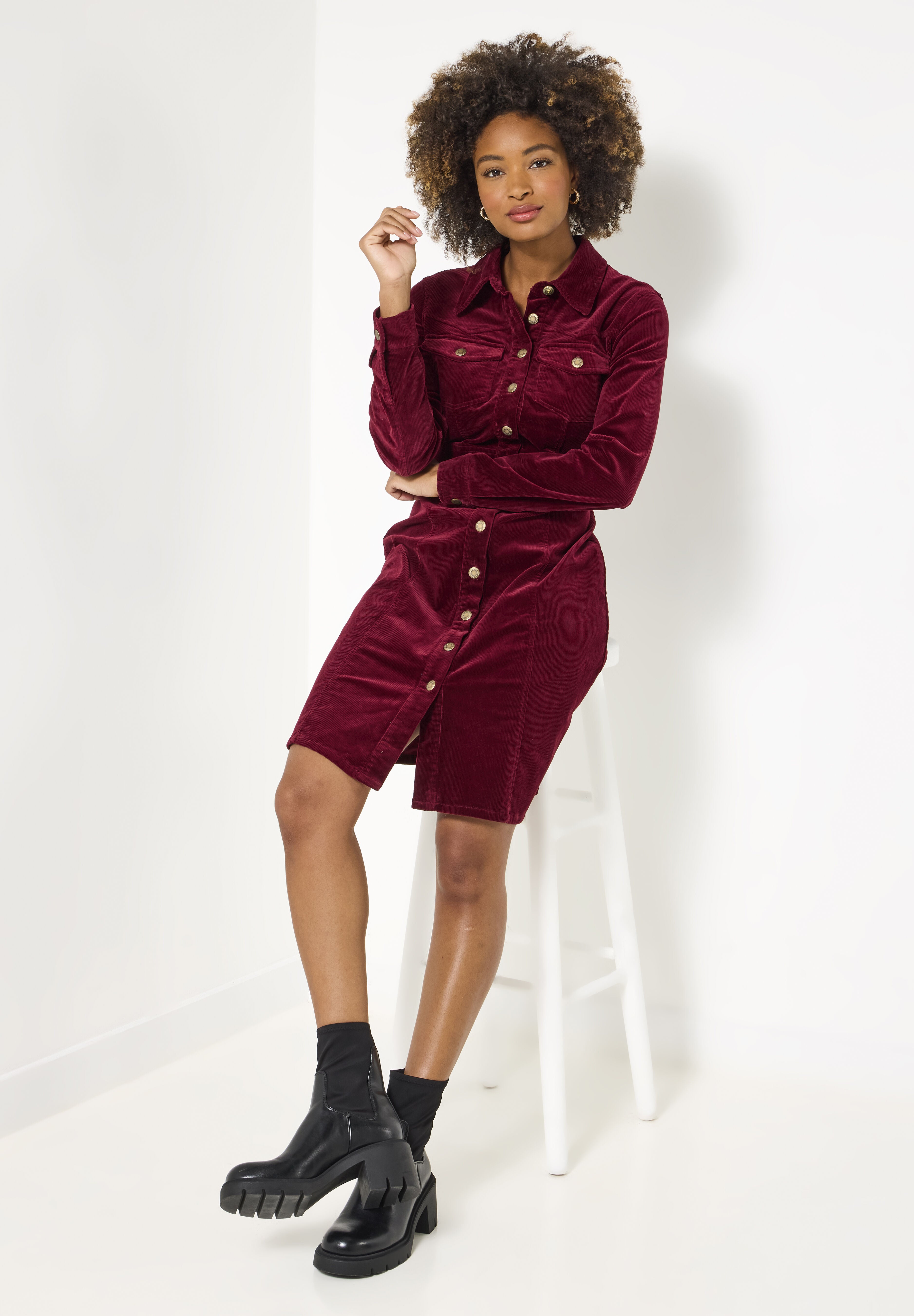 Corduroy Shirt Dress, BURGUNDY, alternate image number 4