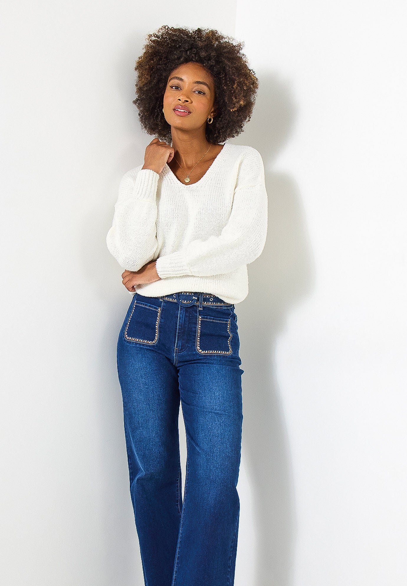 Embroidered Wide Leg Jeans, DARK BLUE EMBROIDERY, hi-res image number 0