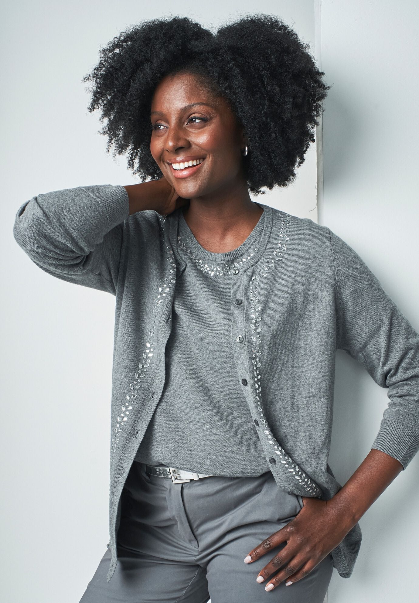 Fine Gauge Cardigan, MEDIUM HEATHER GREY JEWEL, alternate image number 2