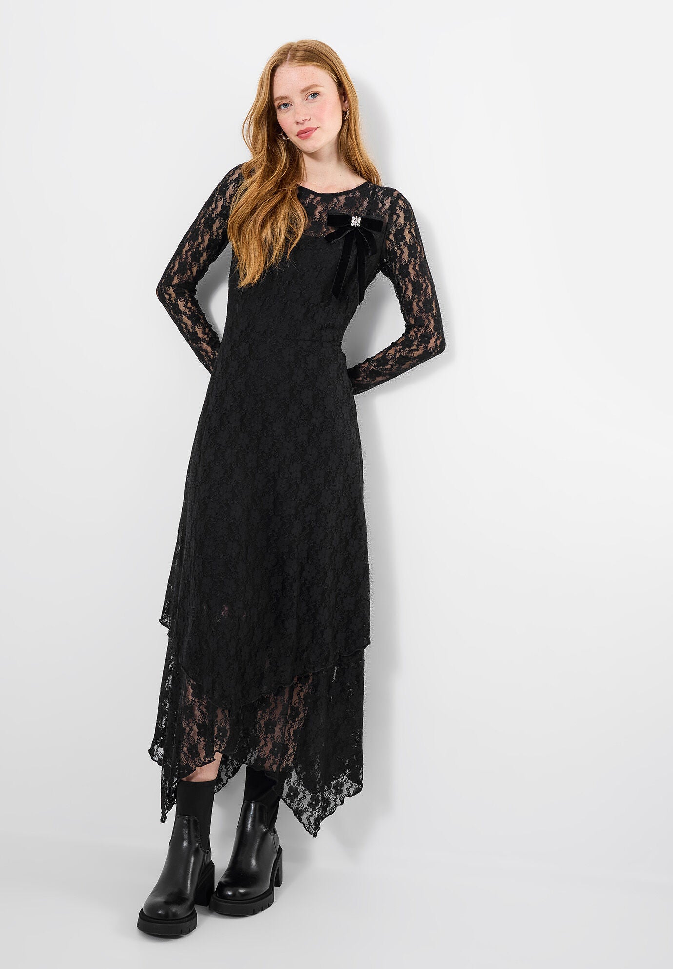 Stretch Lace Hanky Hem Maxi Dress, BLACK, hi-res image number 0