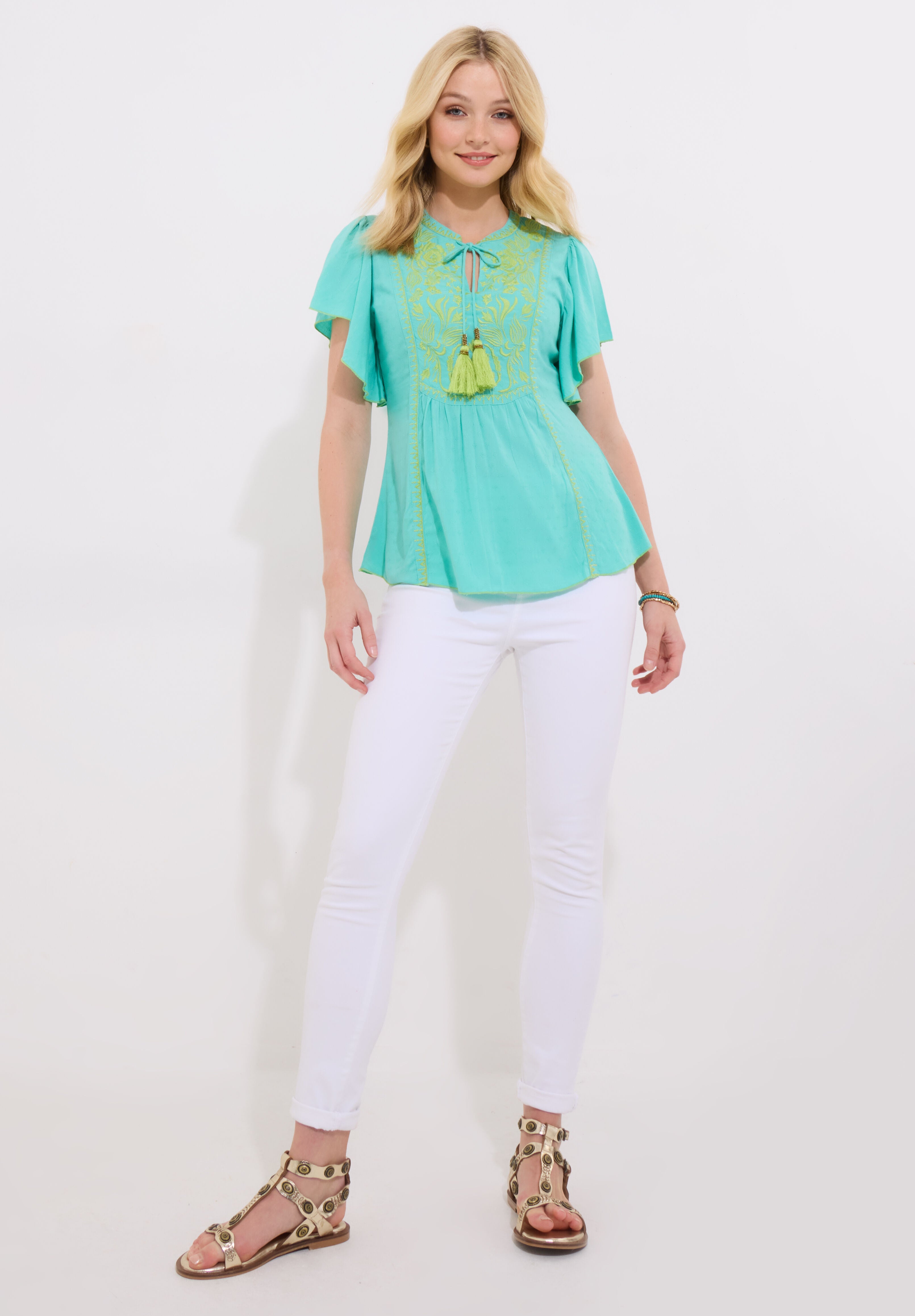 Embroidered Flutter Sleeve Top, SCROLL EMBROIDERY, alternate image number 4