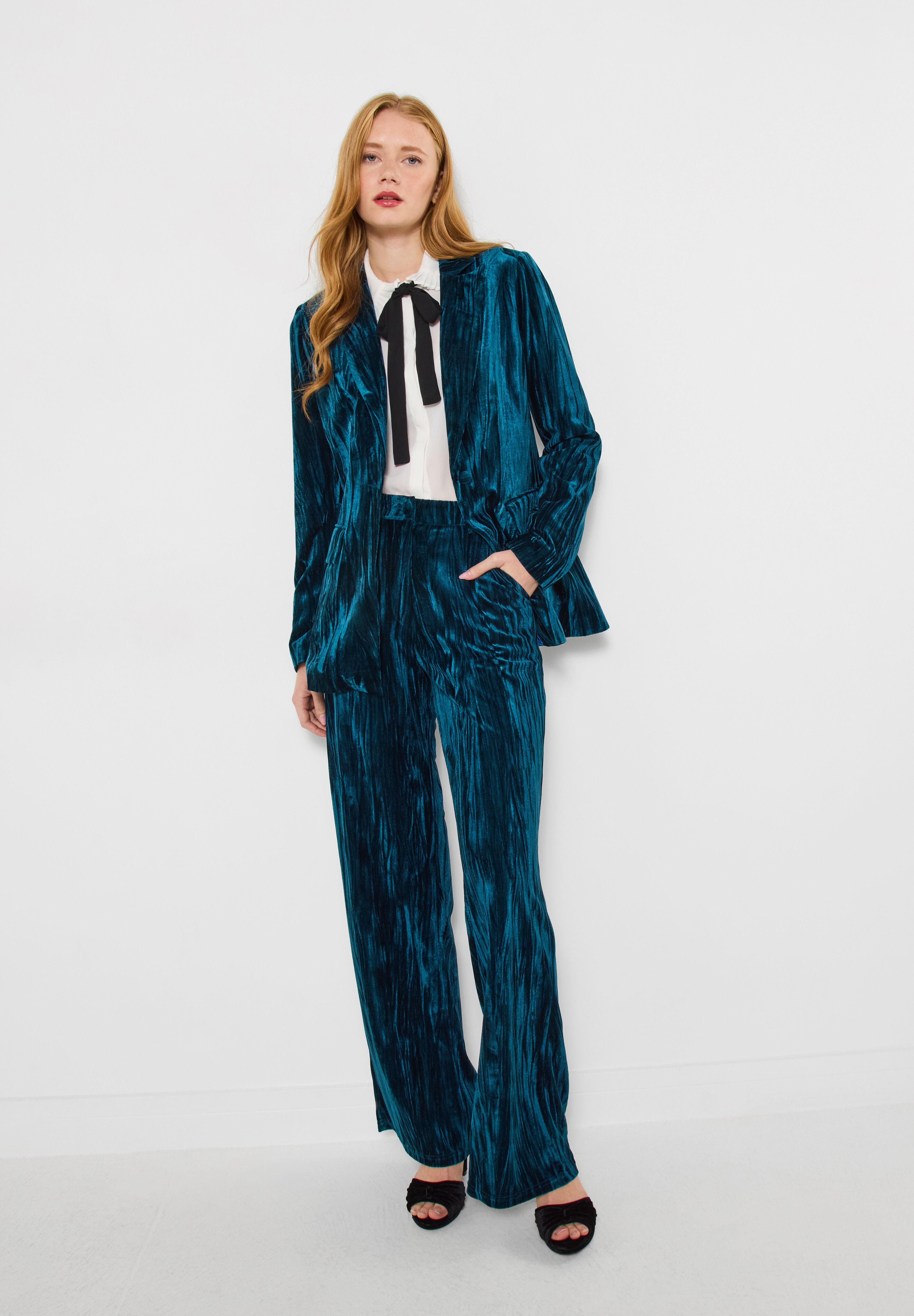 Crinkle Velvet Blazer, TEAL, on-hover image number 1