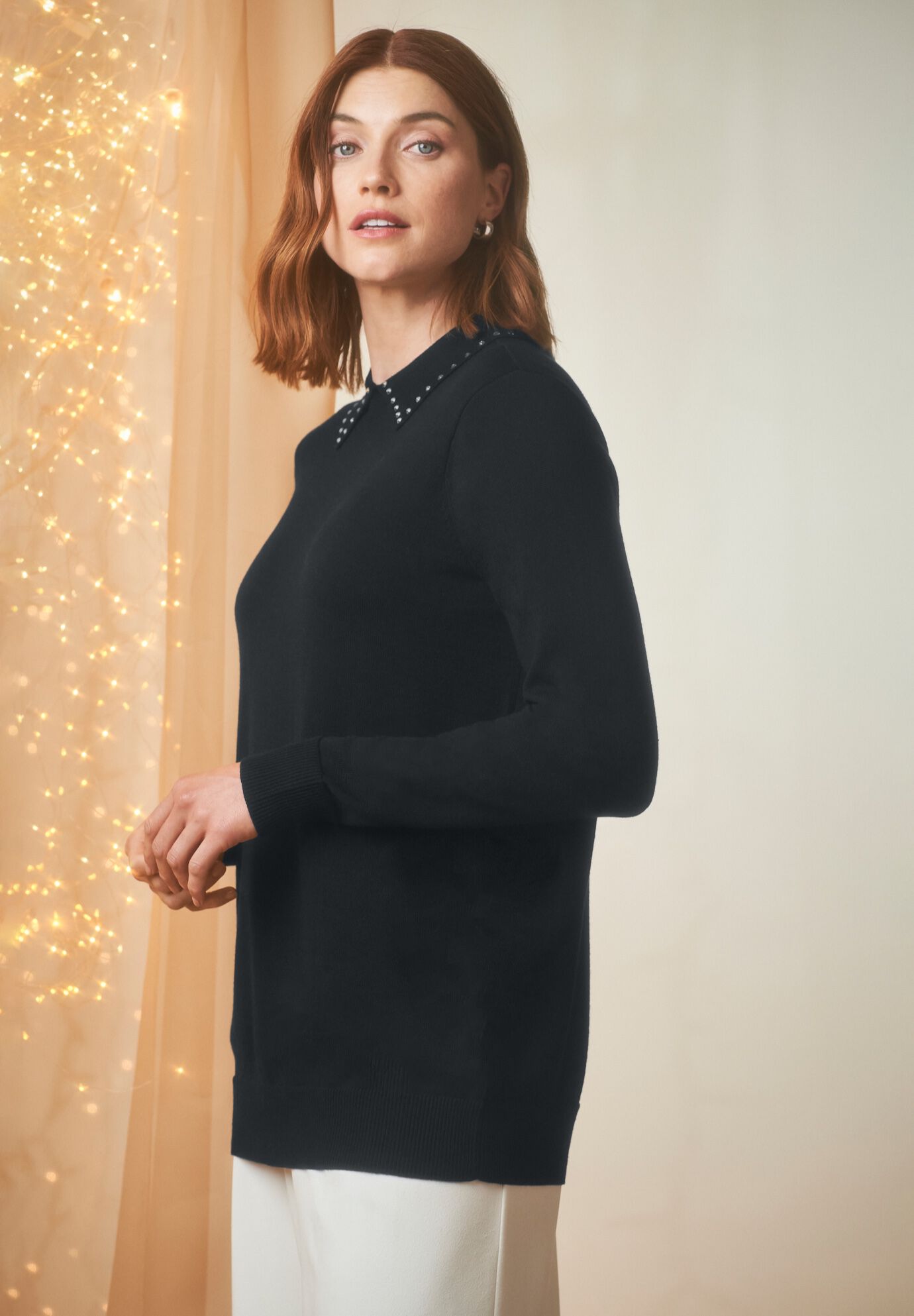 Fine Gauge Embellished Sweater, BLACK RHINESTONE COLLAR, alternate image number 2